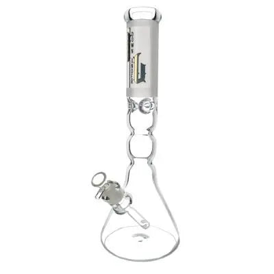 A clear glass beaker waterpipe with a downstem, standing upright against a white background.