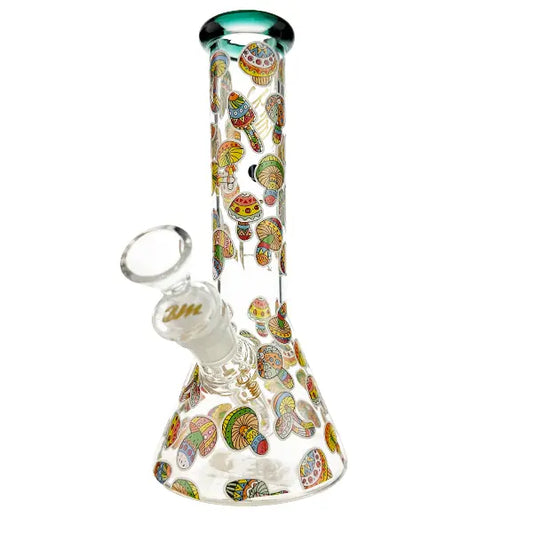 Colorful glass bong with intricate patterns on a white background