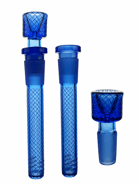 Set of blue glass smoking accessories on a white background