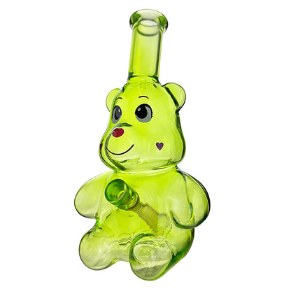 A green glass bong designed to resemble a bear with a stem and glass cone piece.
