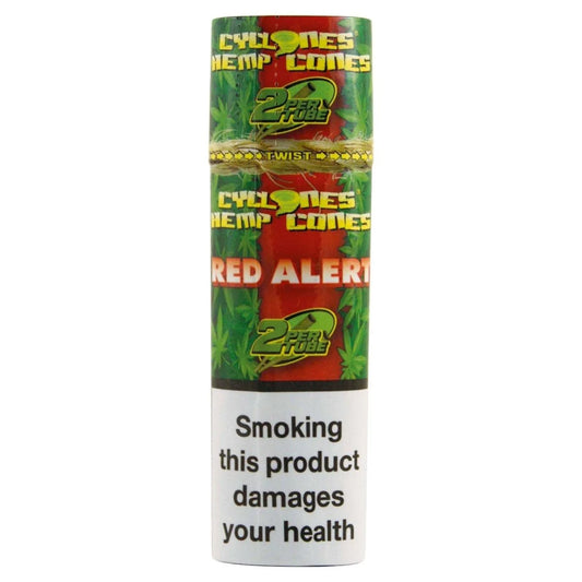 Cylindrical container of Cyclones Hemp Cones with branding and health warning text on a white background