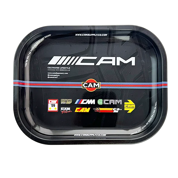 Black tray with 'CAM' branding and logos on a white background