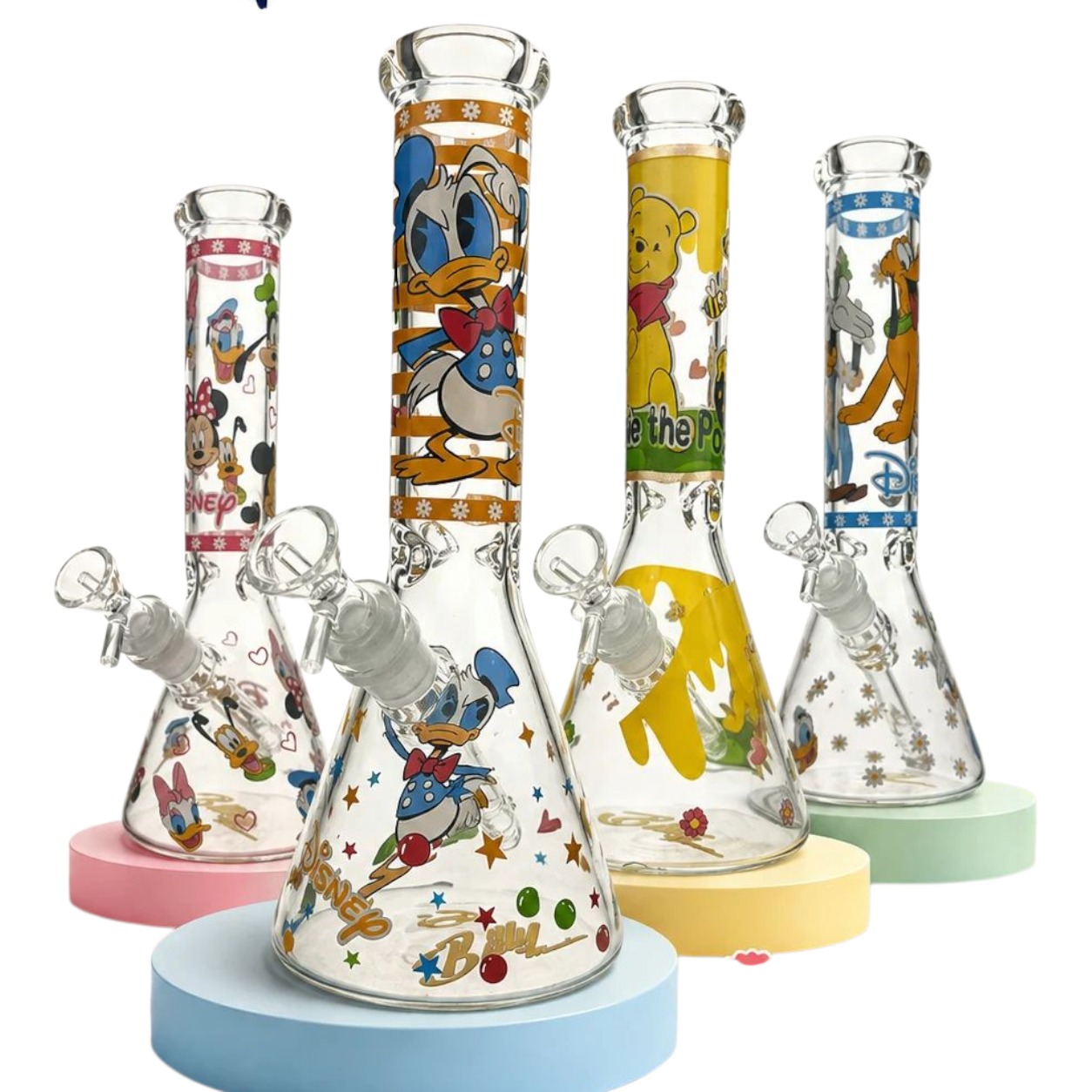 Four clear glass water pipes with cartoon character prints, displayed on pastel-colored round bases against a white background.