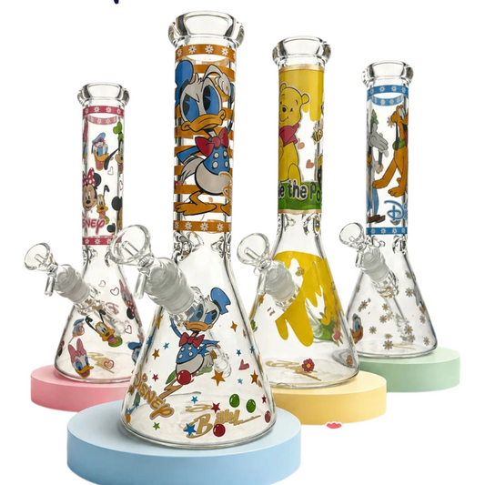 Four clear glass water pipes with cartoon character prints, displayed on pastel-colored round bases against a white background.