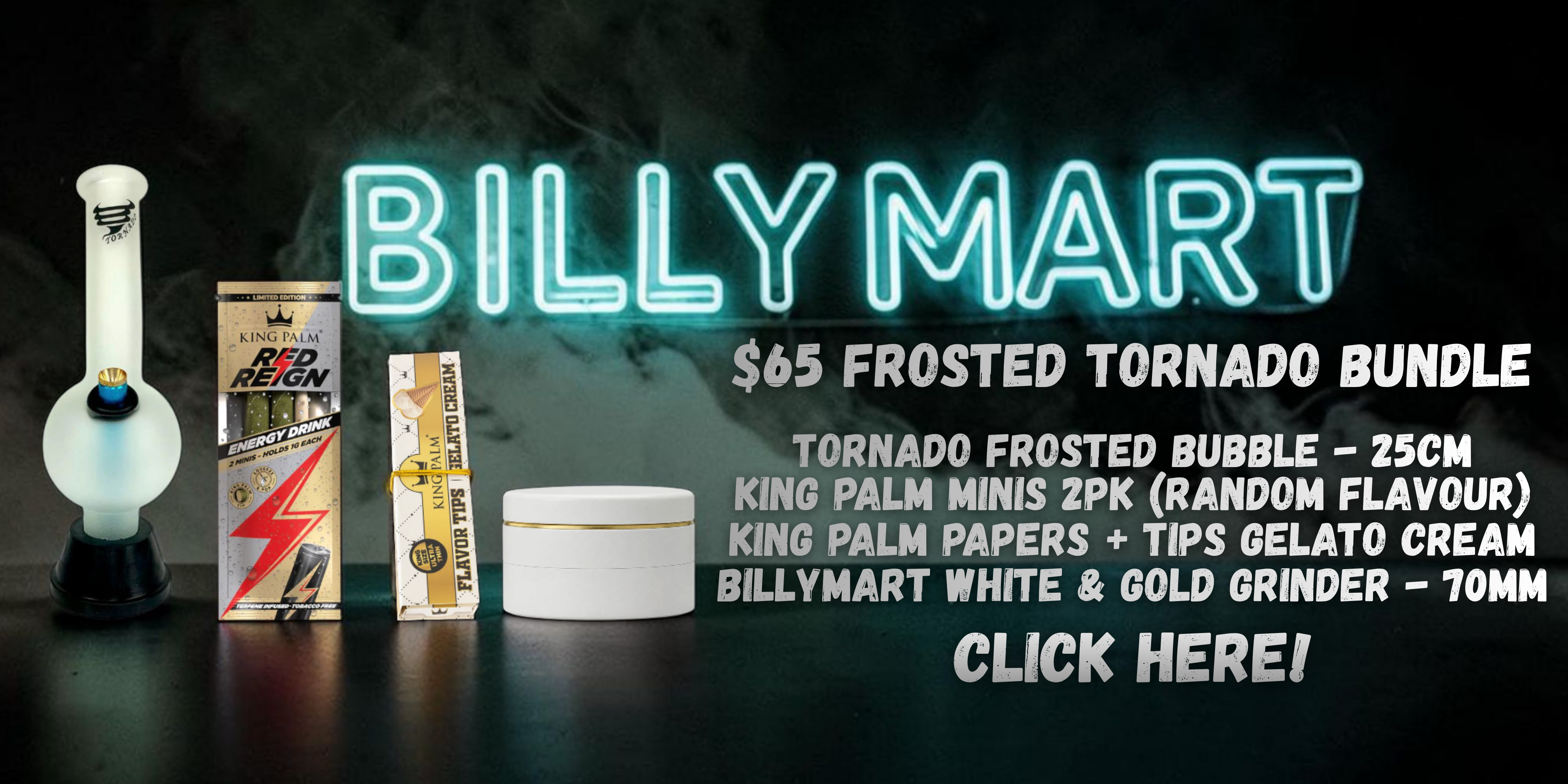 Promotional image of Billy Mart product bundle with neon text and smoking accessories.