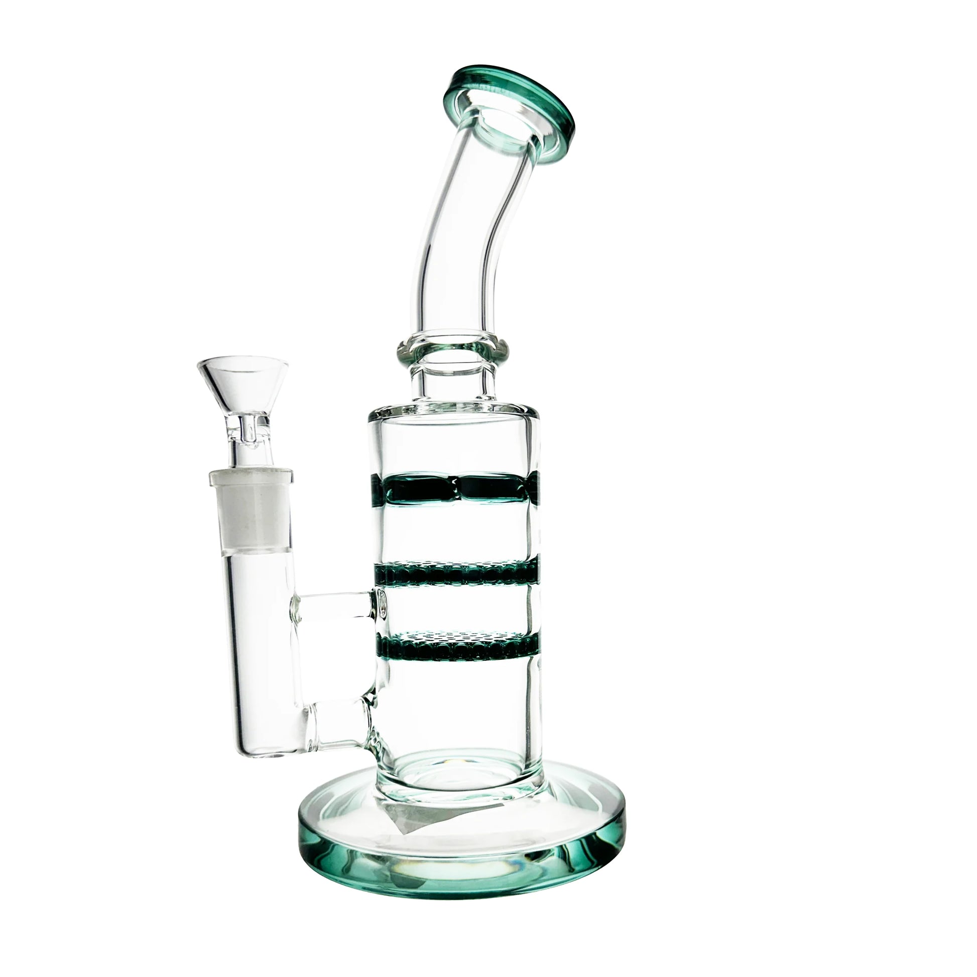 Glass water pipe with green accents on a white background
BILLYMART TRIDISC FUSION PERC BONG – 25CM