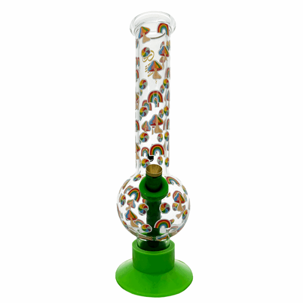 Glass water pipe with rainbow designs on a white background