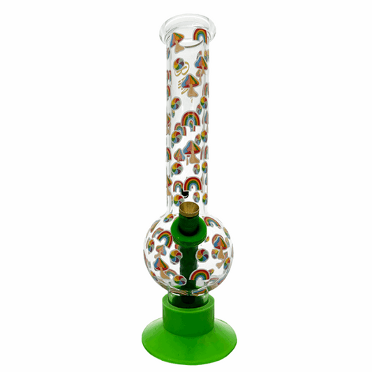 Glass water pipe with rainbow designs on a white background