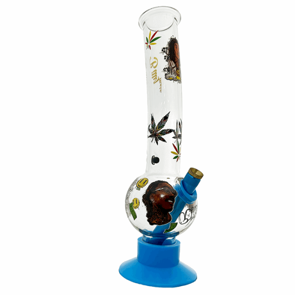 Glass bong with colorful designs on a white background