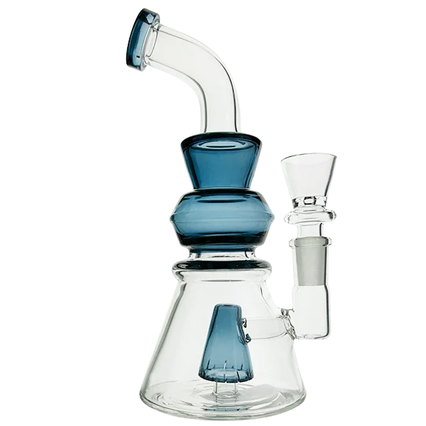 Glass smoking device with blue and clear sections on a white background