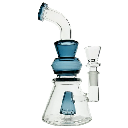 Glass smoking device with blue and clear sections on a white background