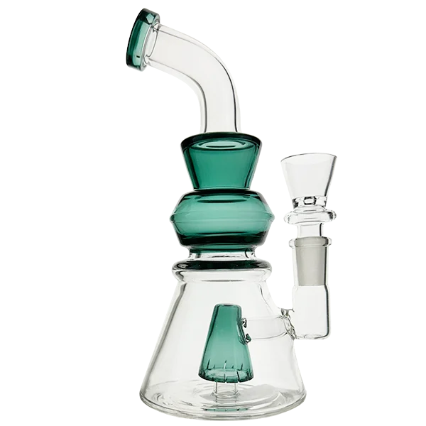 Glass smoking device with teal and clear sections on a white background