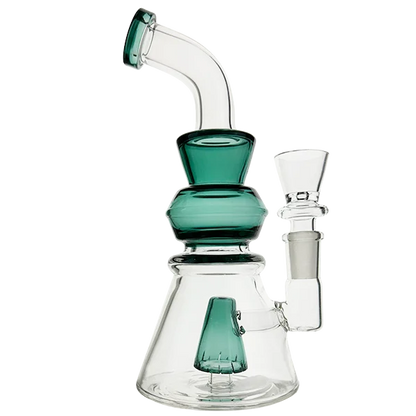 Glass smoking device with teal and clear sections on a white background