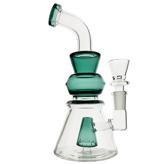 Glass smoking device with teal and clear sections on a white background