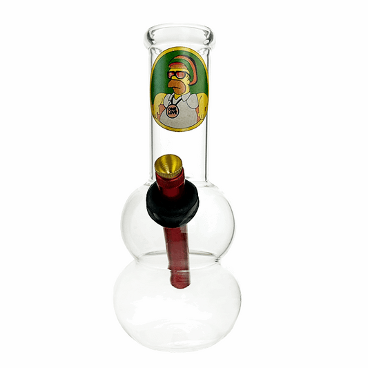 Glass water pipe with a colorful label featuring a character on a white background