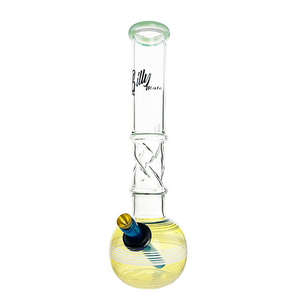 Glass water pipe with a yellow base and blue accents on a white background