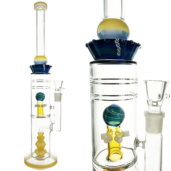 Glass water pipe with colorful components on a white background