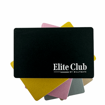 Black Elite Club card by BillyMate with colorful cards underneath on a white background