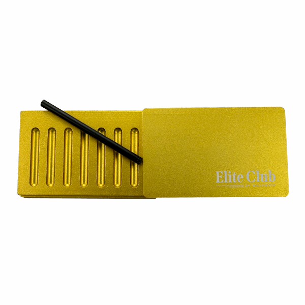 Yellow card with a black pen on a white background, featuring 'Elite Club' branding.