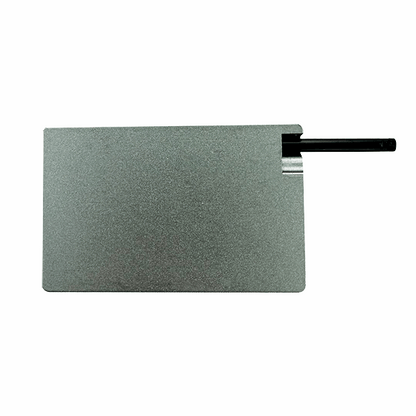 Rectangular metal tool with a handle on a white background
