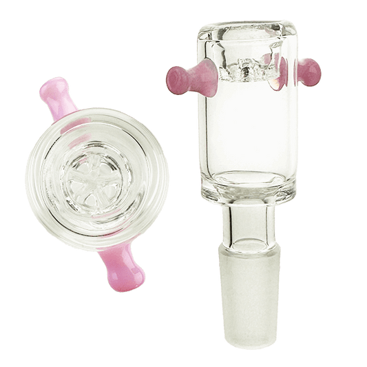 Clear glass smoking accessory with pink accents on a white background