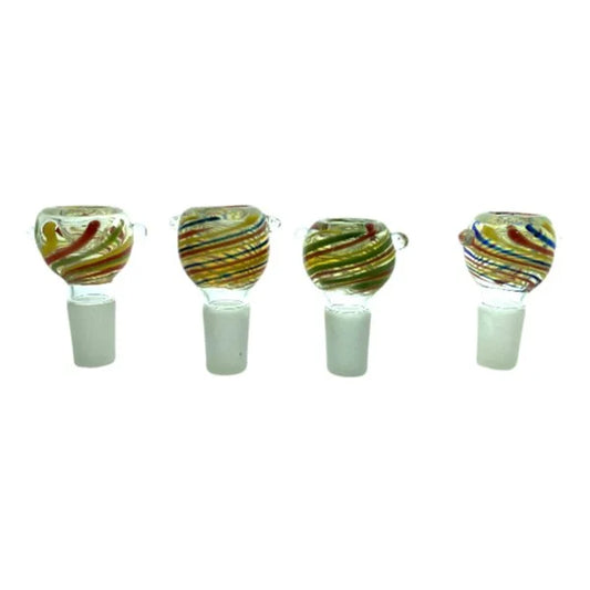 Four glass smoking bowls with colorful patterns on a white background