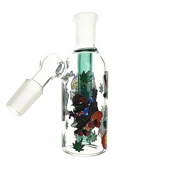 Glass water bottle with cartoon character and leaf designs on a white background