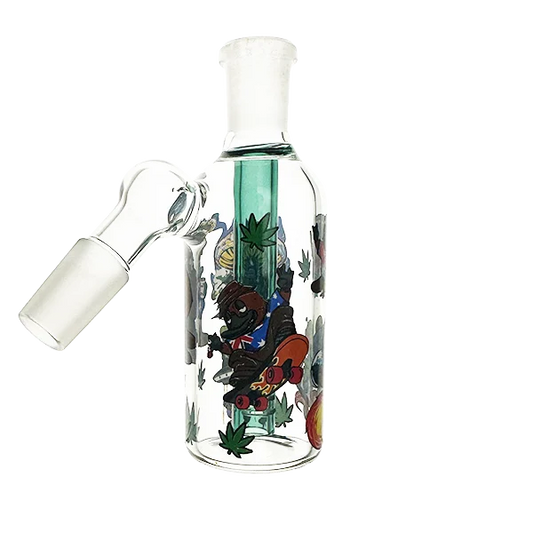 Glass water bottle with cartoon character and leaf designs on a white background