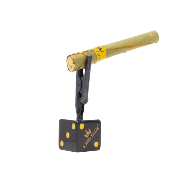 KING PALM Hot Streak Dice Clip — gold dice-shaped smoke clip with domino numbering, King Palm smoking accessory