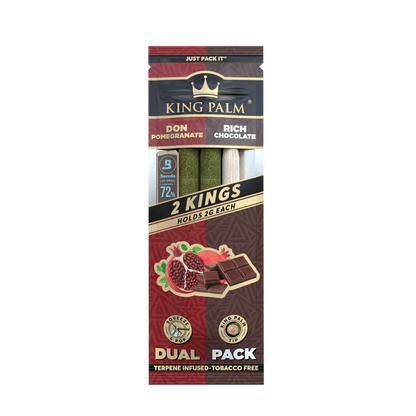 Packaging for KING PALM Dual Pack Pomegranate/Chocolate King Size with two king size rolls depicted, one pomegranate and one chocolate, in a box with branding and flavor information.