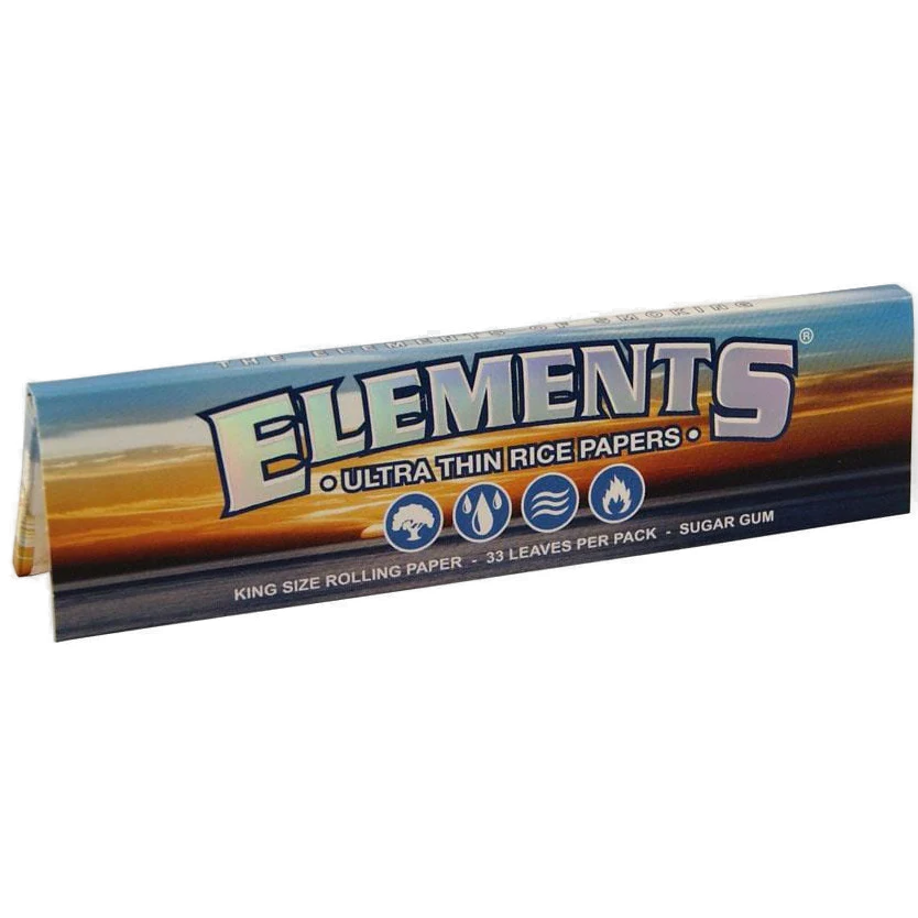 Packaging for ELEMENTS Ultra Thin Rice Papers with 'King Size' and '30 Leaves Per Pack' text visible.