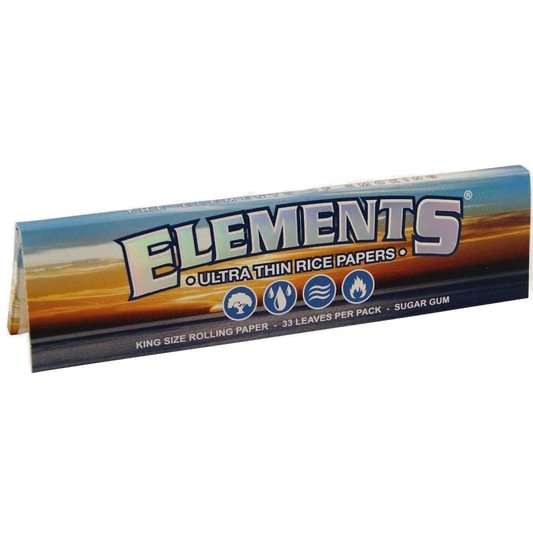 Packaging for ELEMENTS Ultra Thin Rice Papers with 'King Size' and '30 Leaves Per Pack' text visible.
