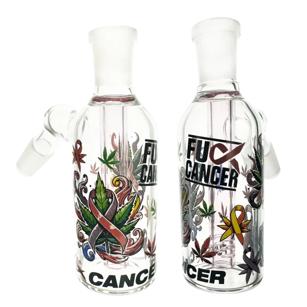 Two glass bottles with artistic designs and 'F*ck Cancer' text on a white background