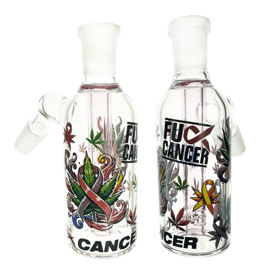 Two glass bottles with artistic designs and 'F*ck Cancer' text on a white background