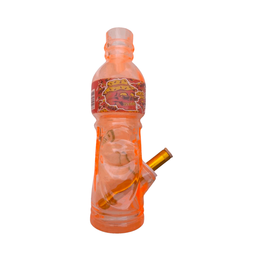 Bottle-shaped water pipe with a label on a black background