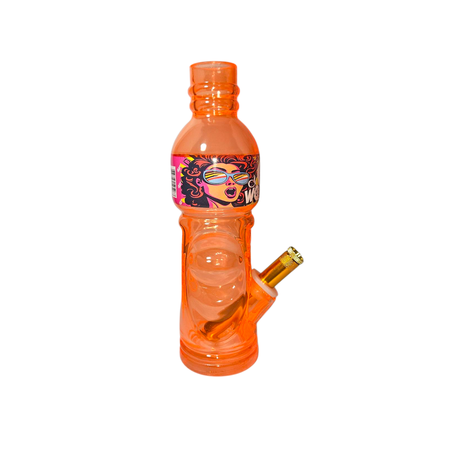 Orange bottle with a smoking device attached on a white background