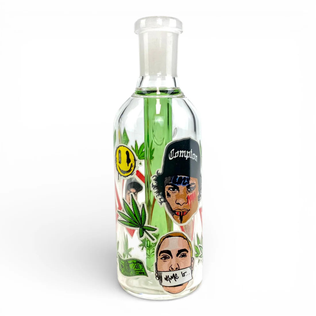 Clear glass bottle with artistic designs and text on a white background