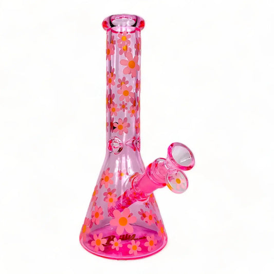 This image displays the Glow in the Dark Marc Jacobs Daisy Pink Beaker, measuring 25cm in height. The beaker features a vibrant pink color, decorated with a delightful floral pattern in shades of orange and yellow.