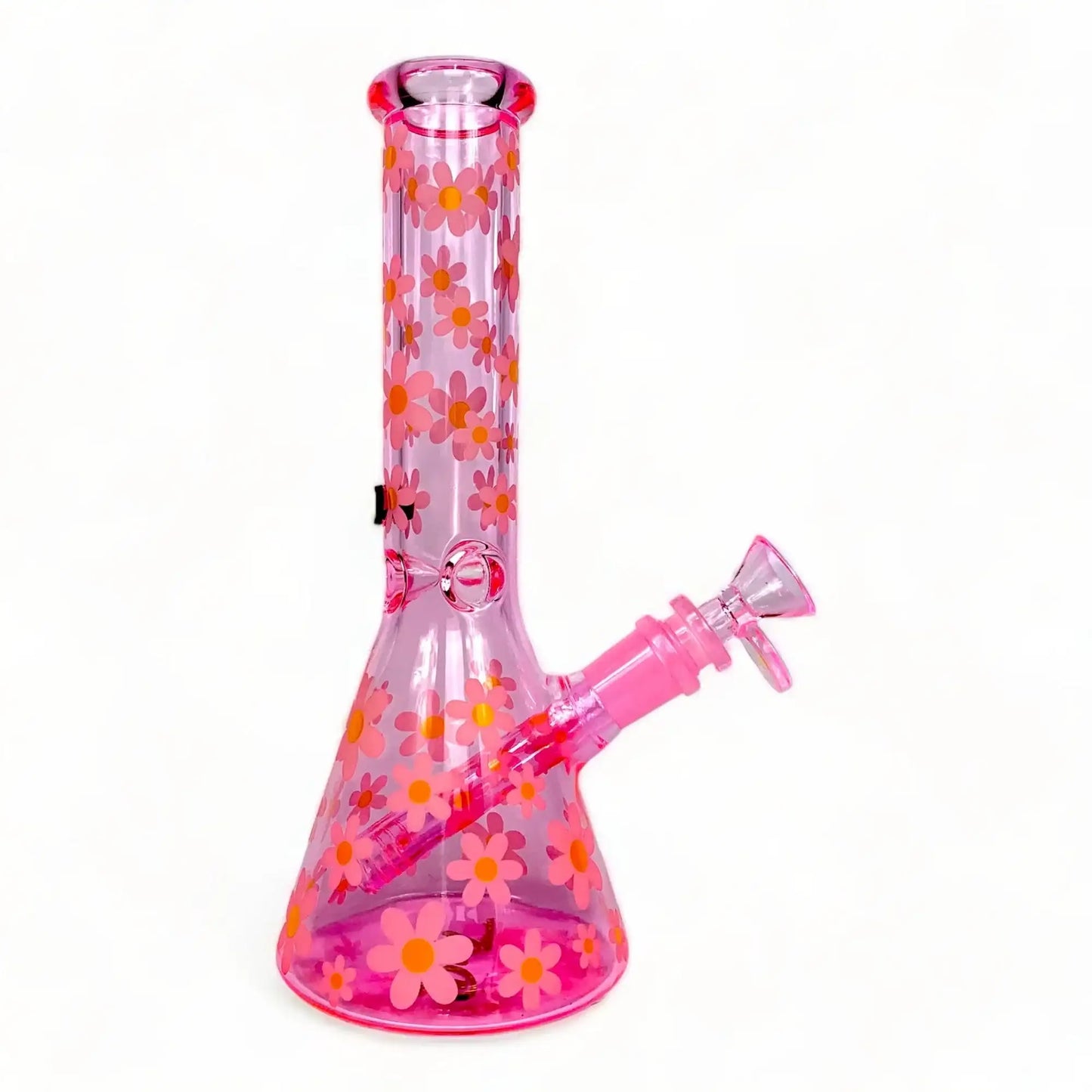 This image displays the Glow in the Dark Marc Jacobs Daisy Pink Beaker, measuring 25cm in height. The beaker features a vibrant pink color, decorated with a delightful floral pattern in shades of orange and yellow.