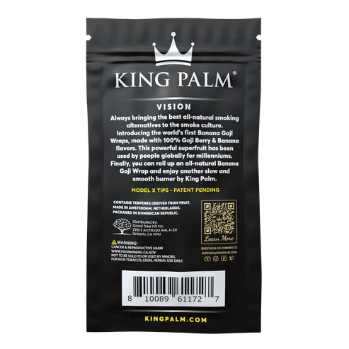 Black King Palm packaging with white text on a white background