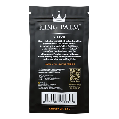 Black King Palm packaging with branding and product details on a white background