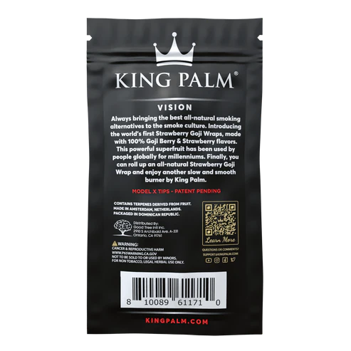 King Palm product packaging with branding and text on a black background