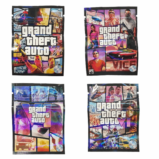 Four Grand Theft Auto-themed packages on a white background
