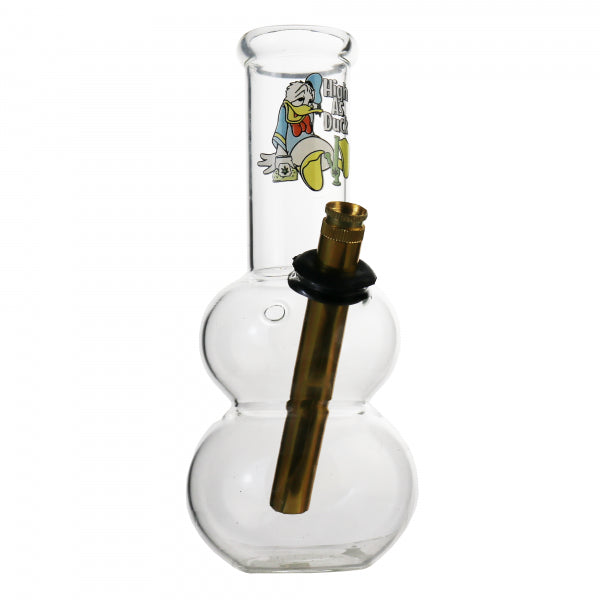 A tall clear glass pipe with a double bubble design and a single handle, featuring a cartoon duck and other characters on the side.