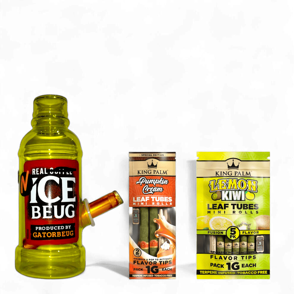 Ice Beug bong product and King Palm leaf tubes packaging on a black background with green spots.