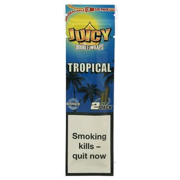 Packaging for JUICY JAY Double Hemp Wrap cigarettes with a tropical theme, including a palm tree and the text '20' indicating the number of cigarettes in the pack.