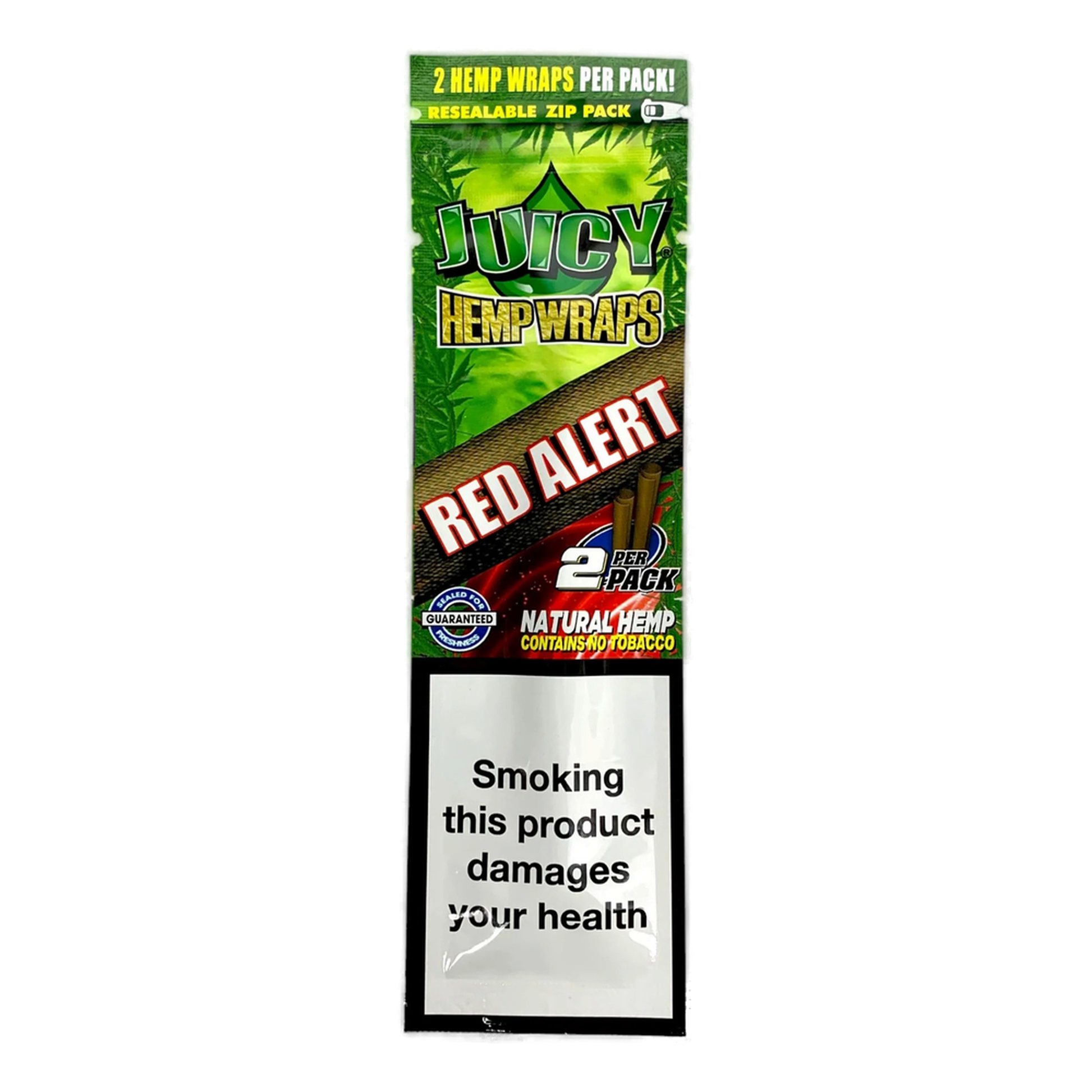 Packaging for JUICY JAY Hemp Wraps, with the flavor indicated as Red Alert and a warning label stating 'This product damages your health'. The pack is for 20 cigarettes, with 2 packs inside.