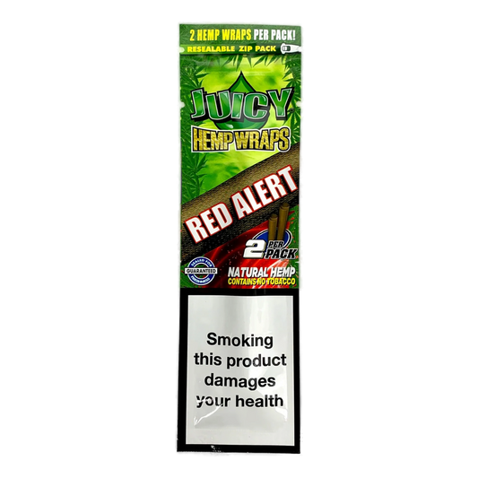 Packaging for JUICY JAY Hemp Wraps, with the flavor indicated as Red Alert and a warning label stating 'This product damages your health'. The pack is for 20 cigarettes, with 2 packs inside.