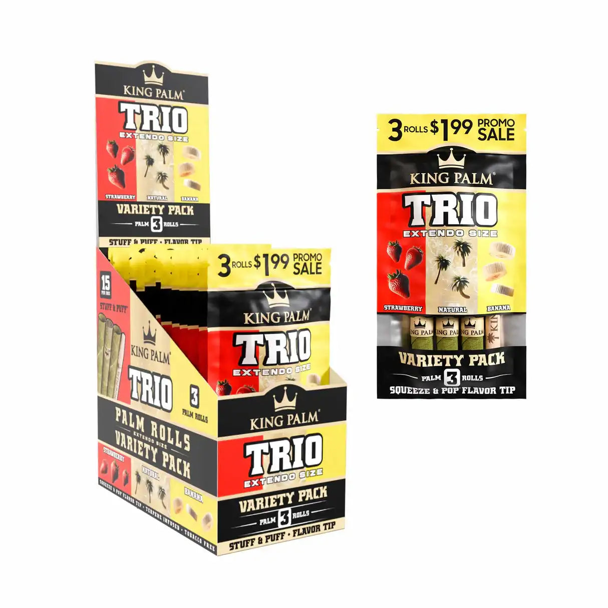 Packaging for KING PALM Strawberry, Natural, & Banana Trio Extendo Size - 3pk, showing three boxes with the respective flavor labels and counts.