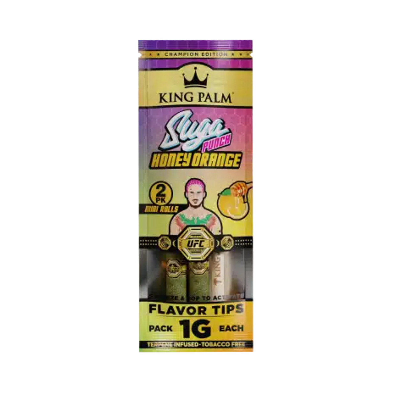 Packaging for KING PALM Minis SUGA PUNCH Honey Orange flavor tips, featuring an image of a female vaping, with a background of yellow and purple design elements.